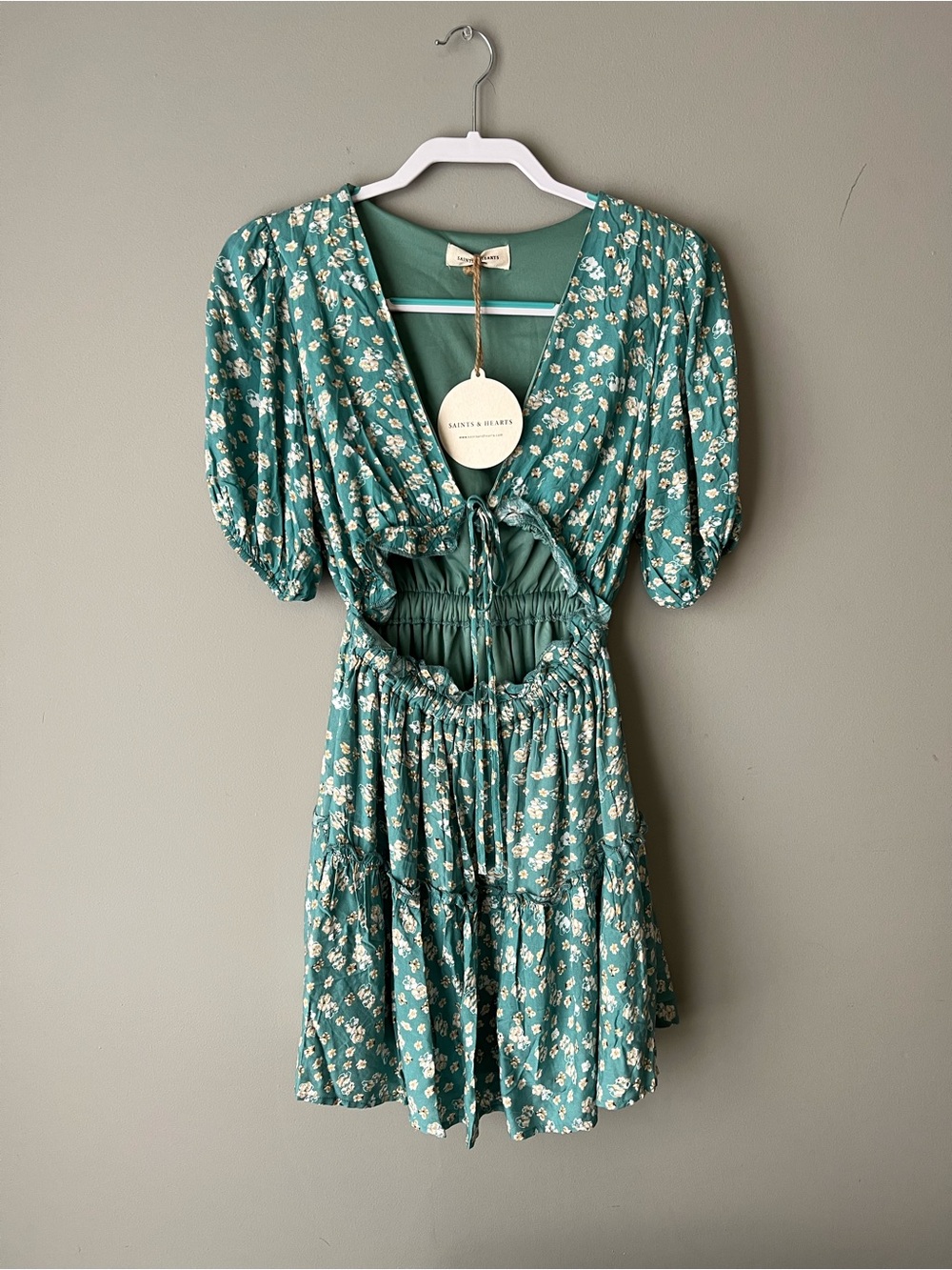 Saints & Hearts Teal Floral Tie-Front Mini Dress